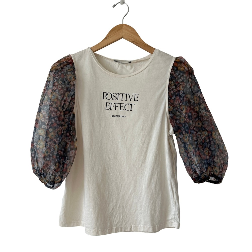 Zara Positive Effect Graphic Top Cream Sheer Floral Puff Sleeve Small